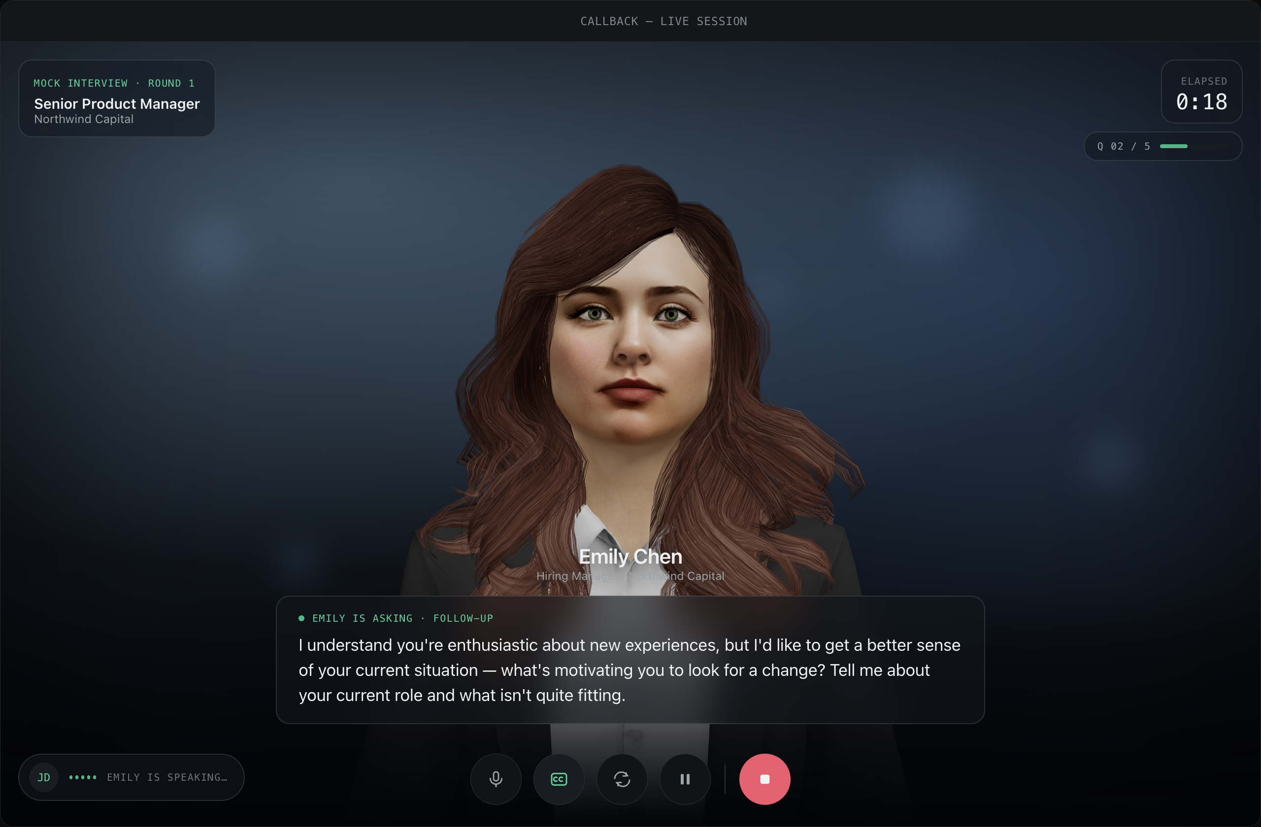 A Callback live mock-interview session with a lifelike 3D interviewer