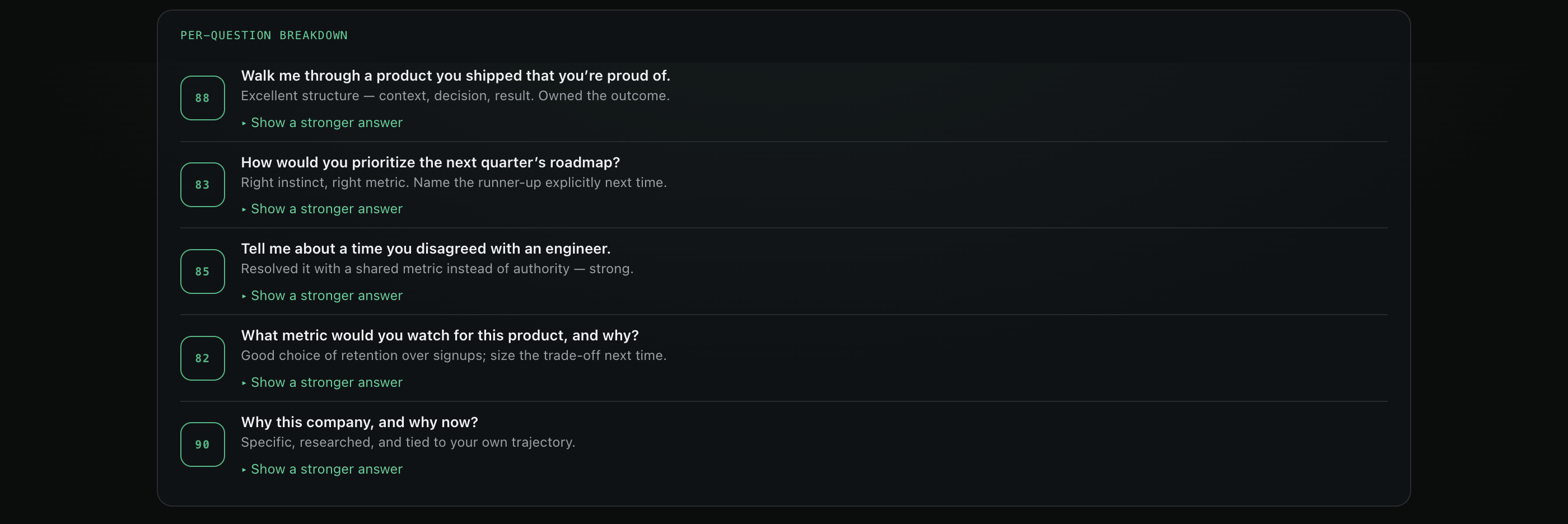 Callback per-question breakdown with scores and stronger answers