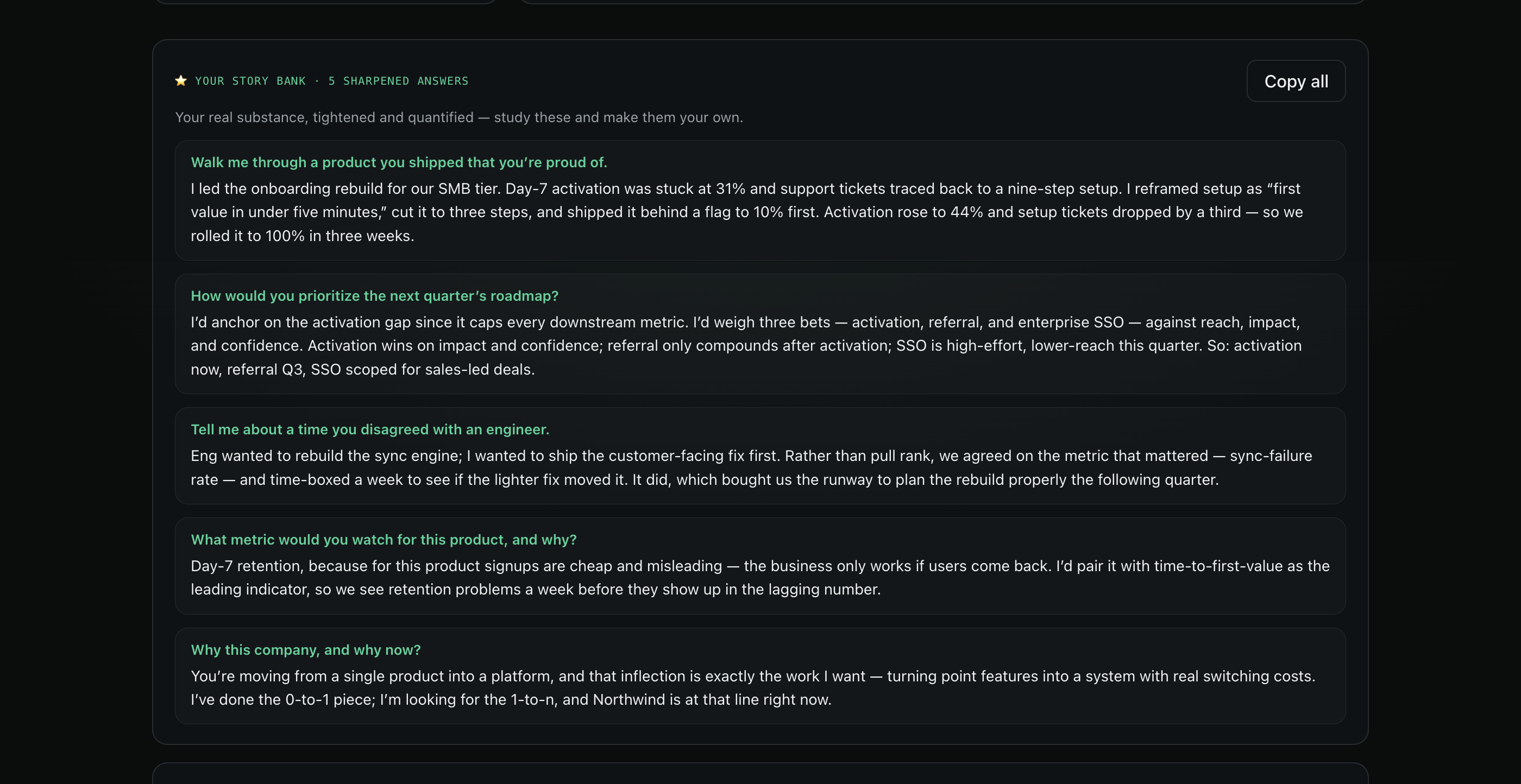 Callback story bank: the candidate's answers tightened and quantified